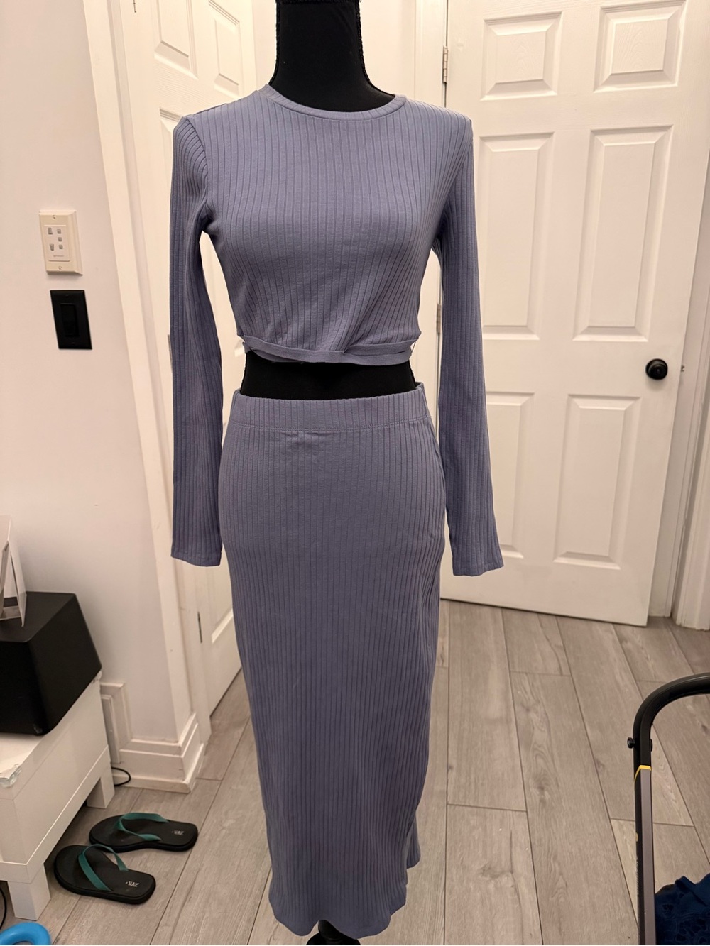 Zara Ribbed Two-Piece Skirt Set in Dusty Blue